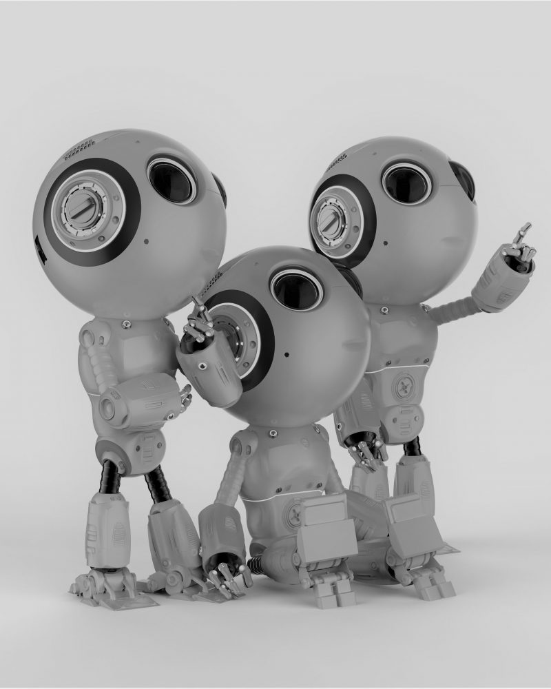 3d rendering three cute artificial intelligence robots with cartoon character